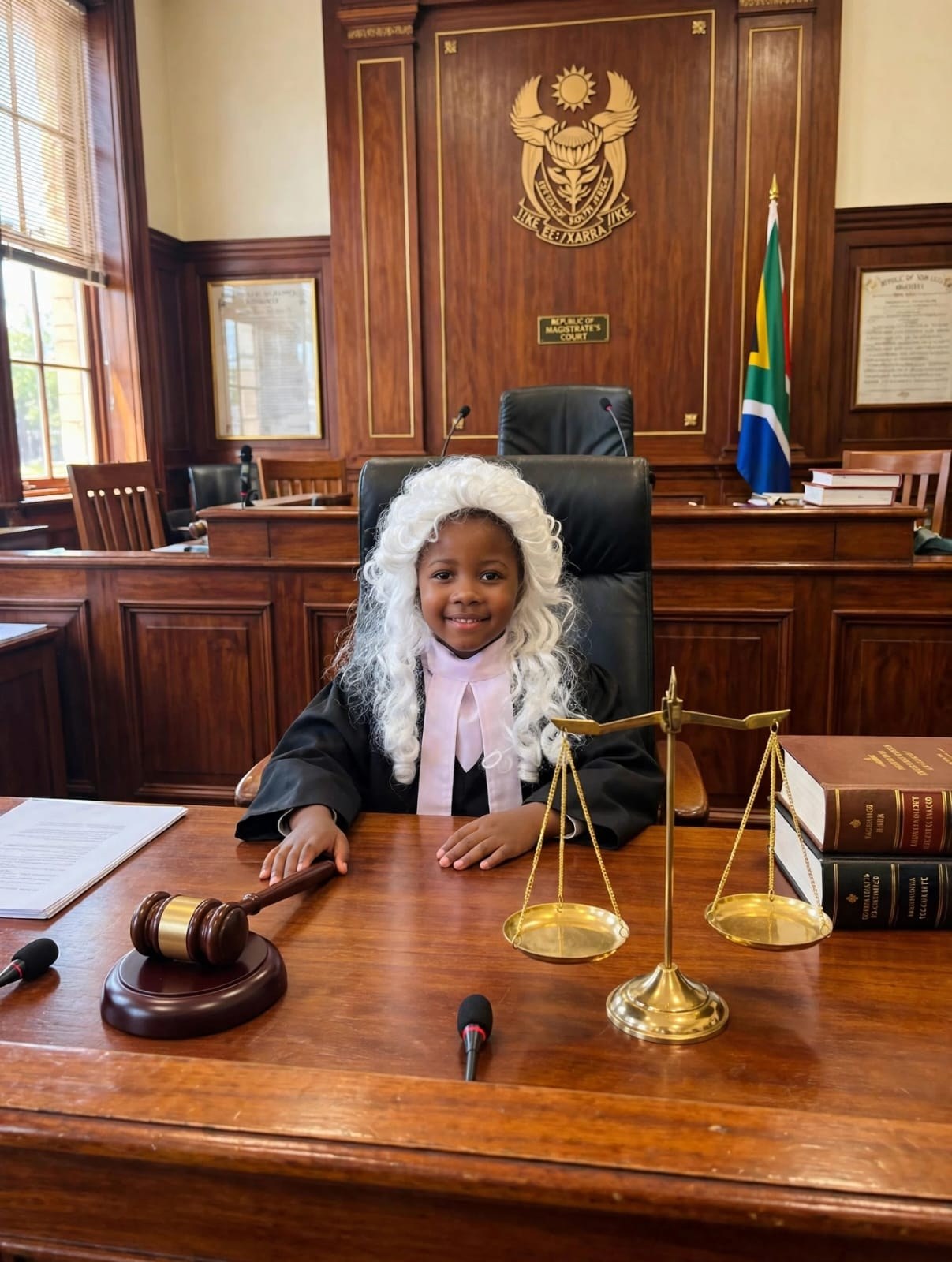 Child dressed as a judge at a magistrate's court desk with a gavel and scales