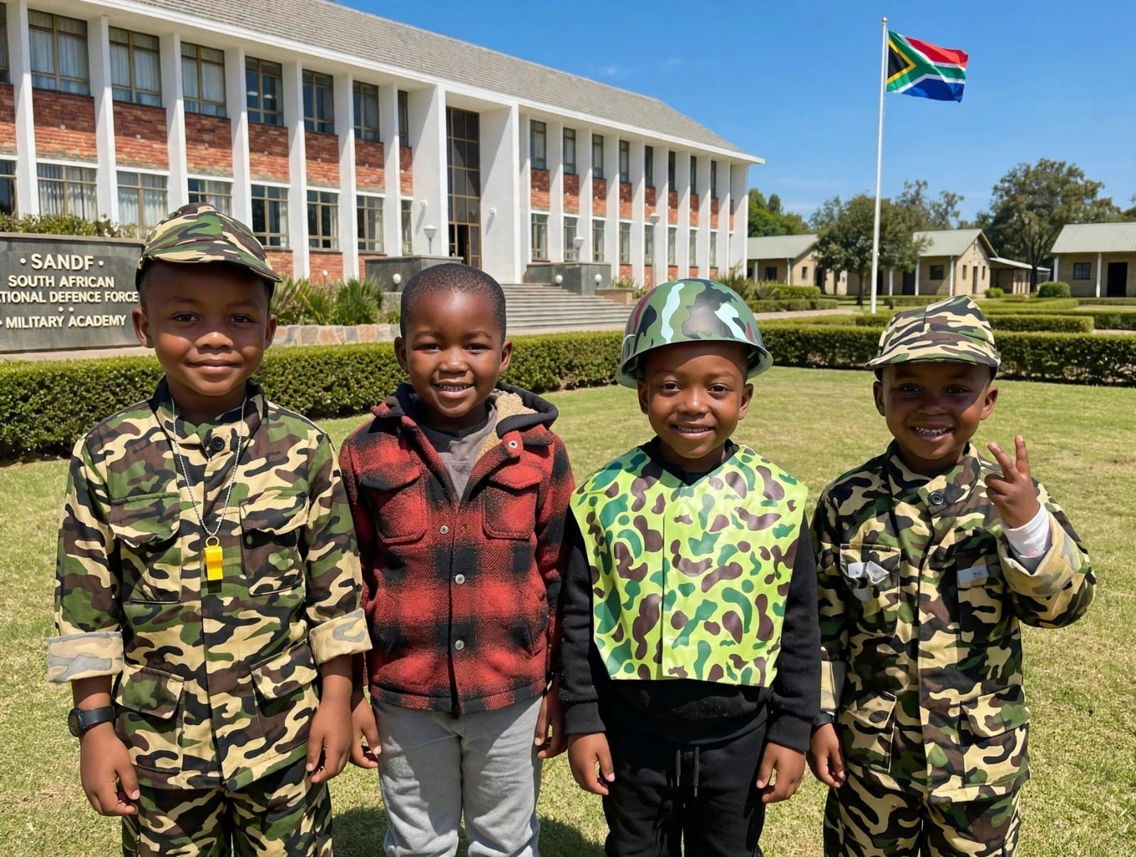 Children dressed in SANDF military uniforms outside the Military Academy