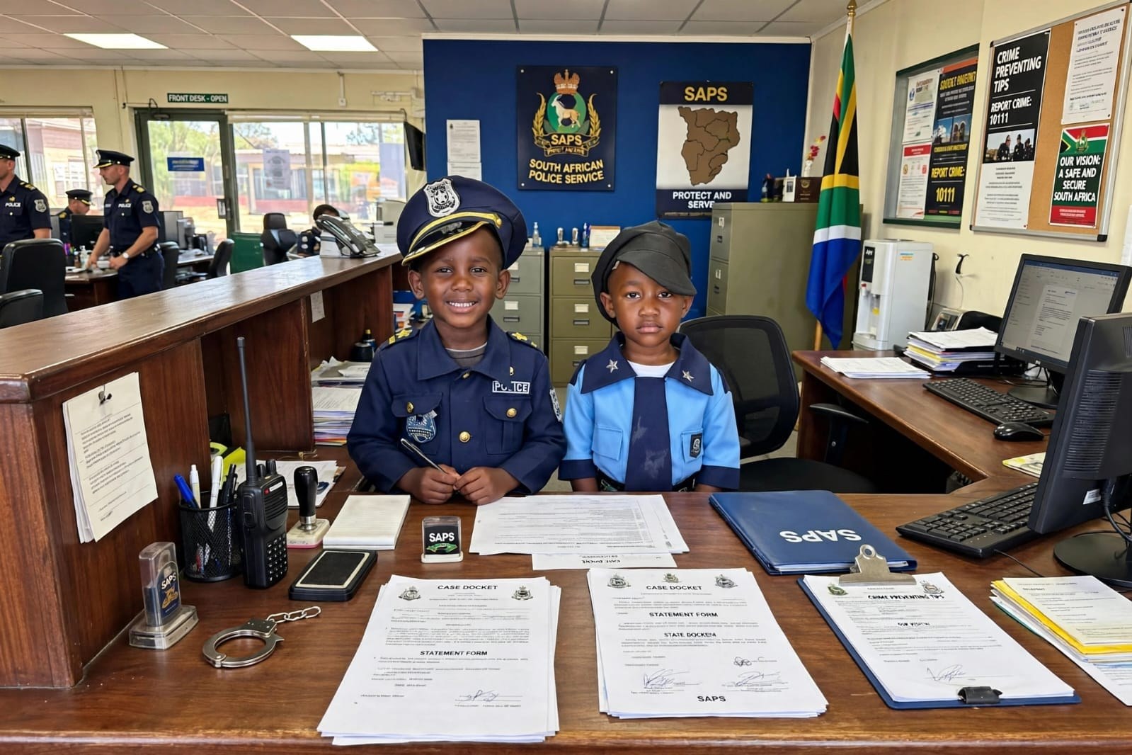 Children dressed as police officers at a SAPS front desk
