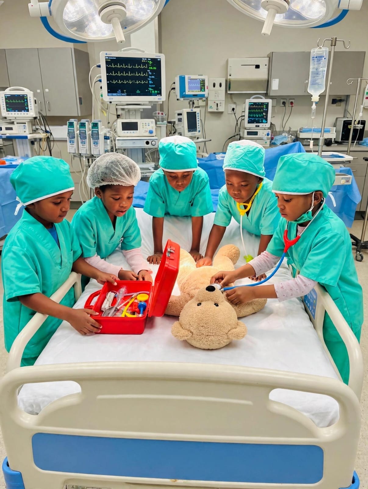 Children dressed in medical scrubs treating a teddy bear patient